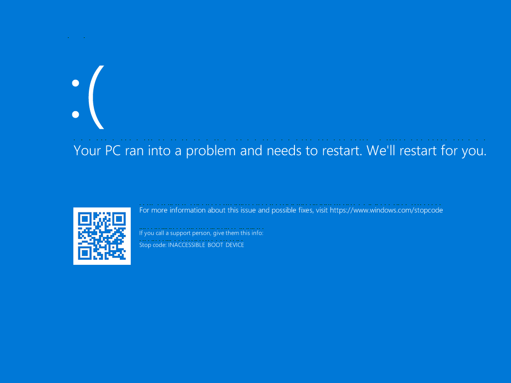 The INACCESSIBLE BOOT DEVICE error screen