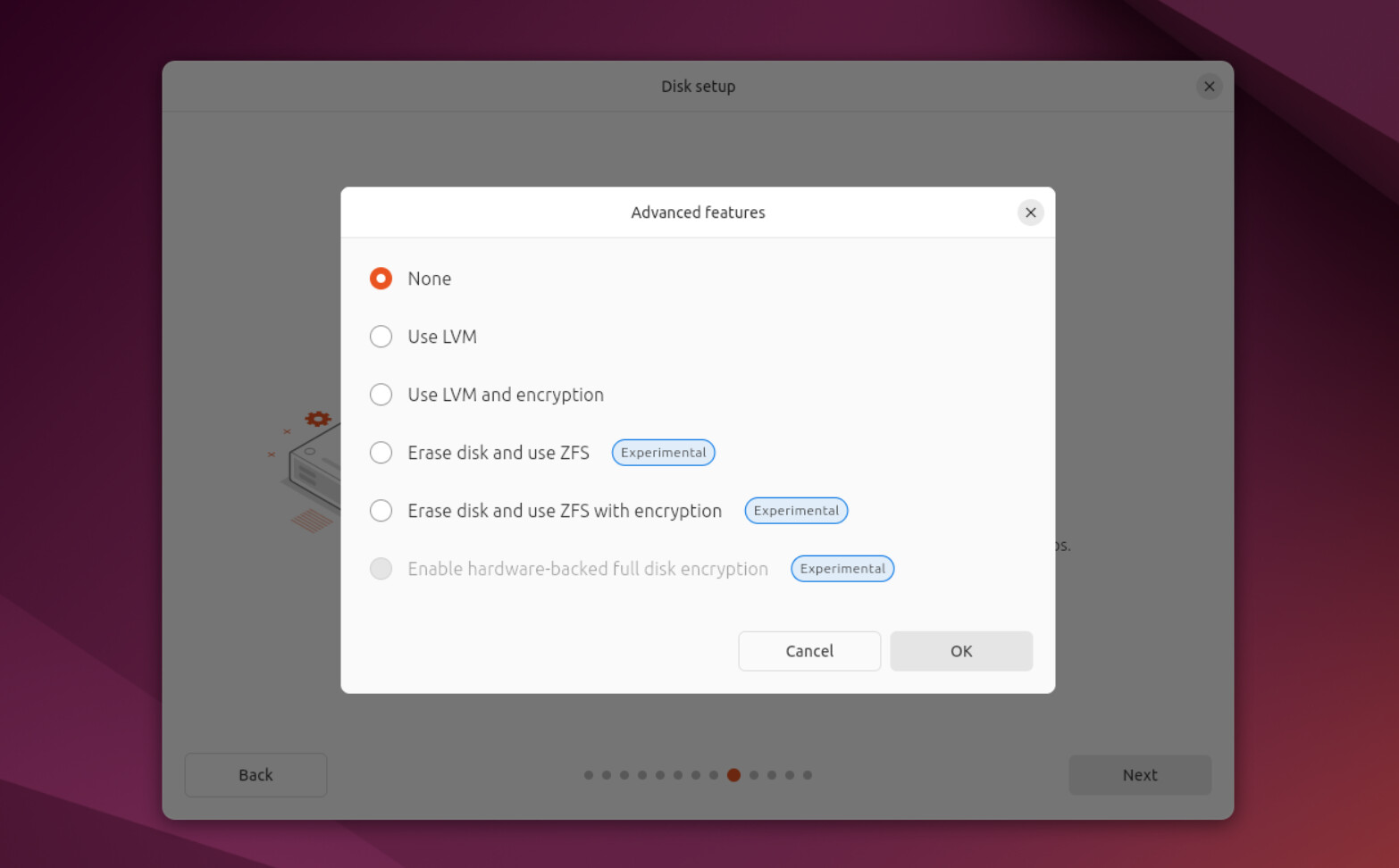 The Advanced features dialog