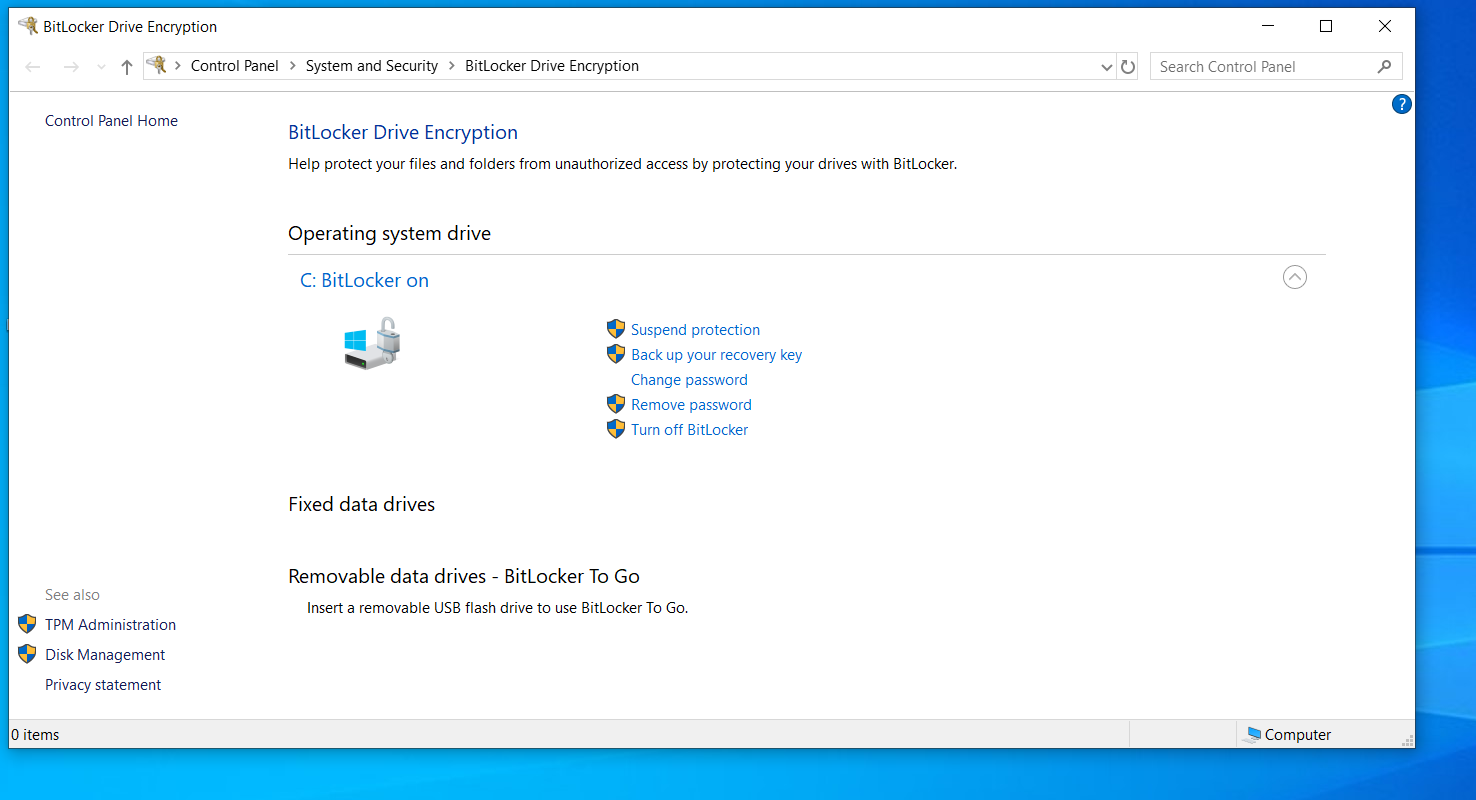 The BitLocker Drive Encryption settings in Windows