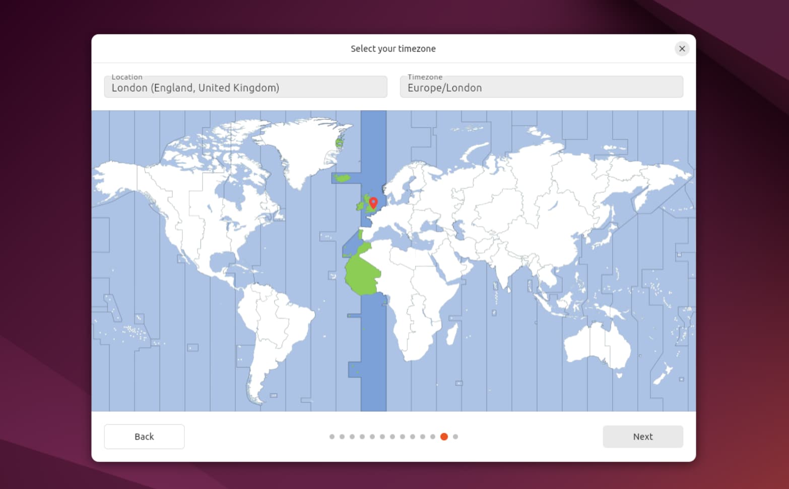 The Select your timezone page
